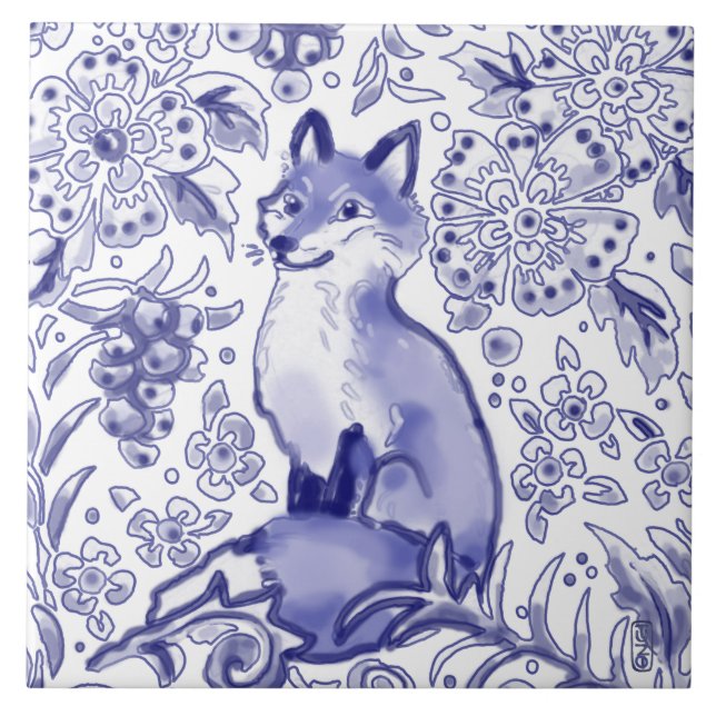 Fox Woodland Floral Blue Folk Nordic Drawing  Tile (Front)