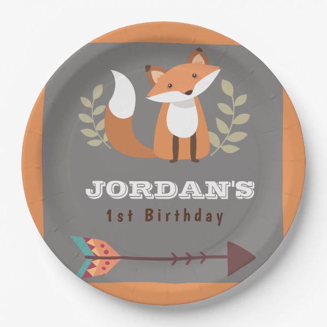 Fox Woodland Forest Critters Boho Kids Birthday Paper Plate (Front)