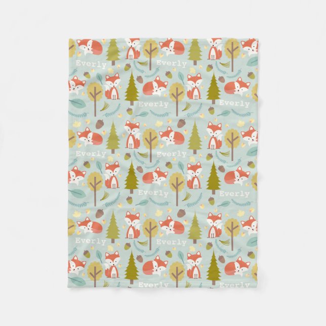 Fox Woodland Light Blue Personalised Fleece Blanket (Front)