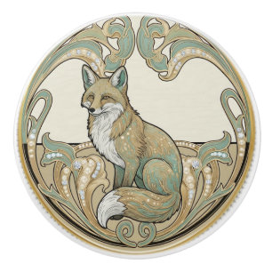 Fox Woodland Sage Green & Gold Art Deco Nouveau Ceramic Knob