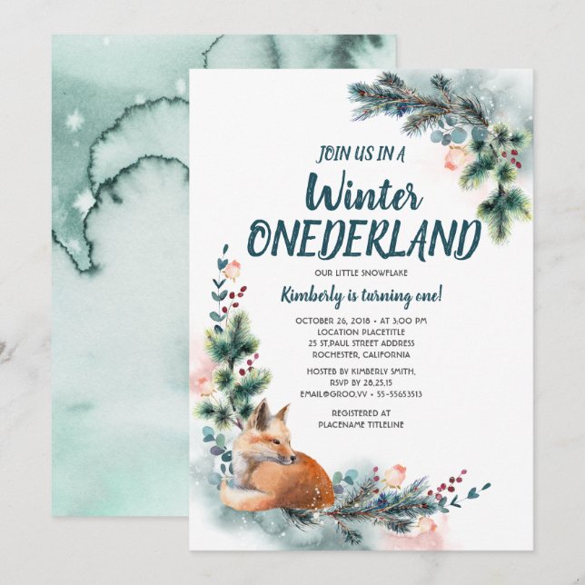 Fox Woodland Winter Onederland Baby Birthday Party Invitation (Front/Back)