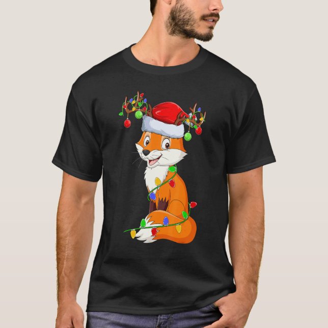 Fox Xmas Lights Santa Hat Fox Christmas T-Shirt (Front)