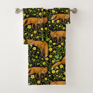 Foxes and buttercups on black bath towel set