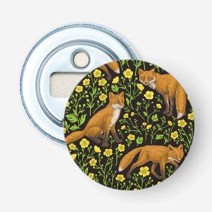 Foxes and buttercups on black bottle opener