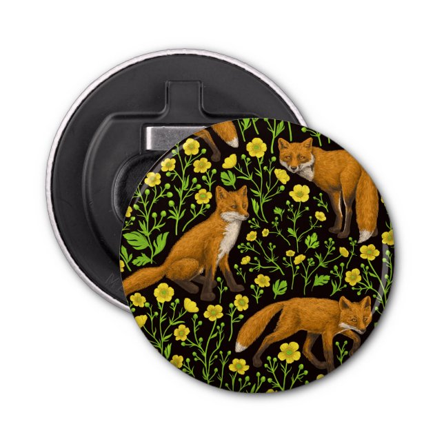 Foxes and buttercups on black bottle opener (Front)