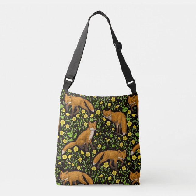 Foxes and buttercups on black crossbody bag (Front)