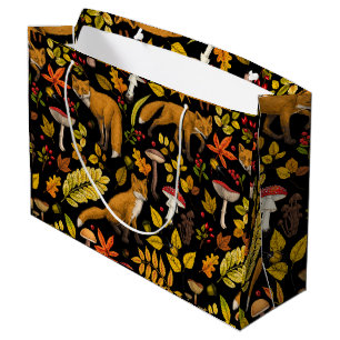 Foxes and buttercups on black large gift bag