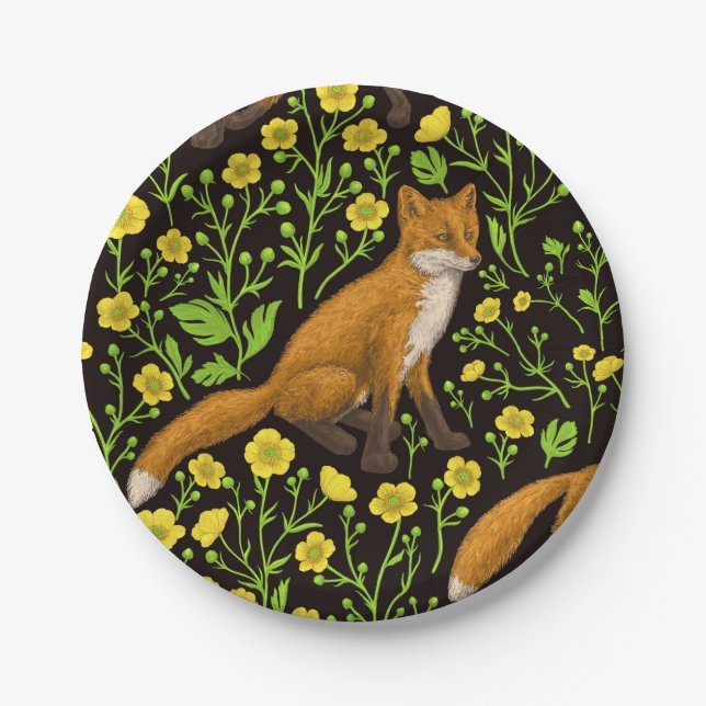 Foxes and buttercups on black paper plate (Front)