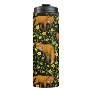 Foxes and buttercups on black thermal tumbler