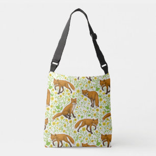 Foxes and buttercups on natural white crossbody bag