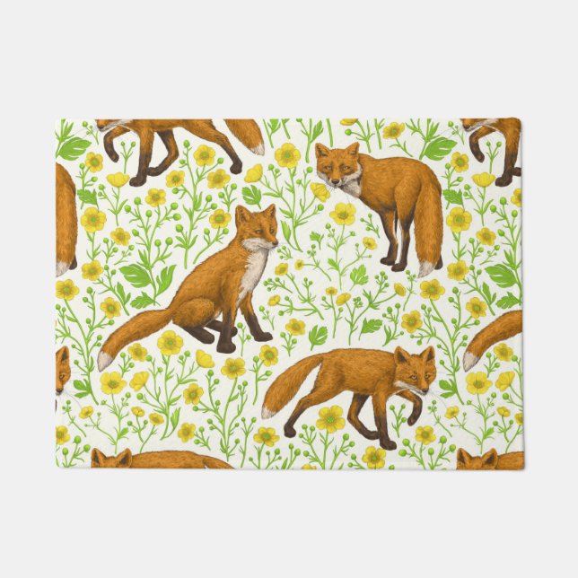 Foxes and buttercups on natural white doormat (Front)