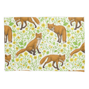 Foxes and buttercups on natural white pillowcase