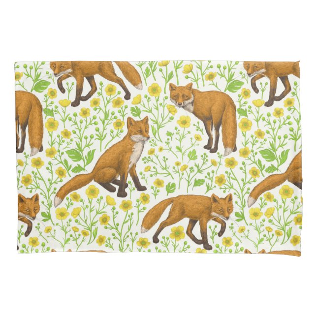 Foxes and buttercups on natural white pillowcase (Front-Left)
