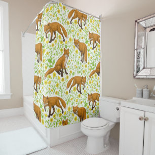 Foxes and buttercups on natural white shower curtain