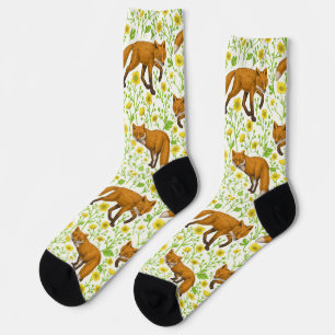 Foxes and buttercups on natural white socks