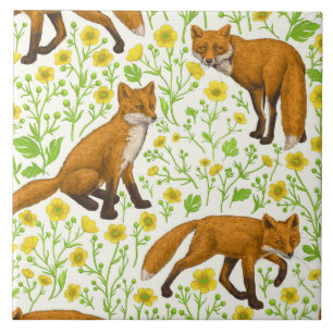 Foxes and buttercups on natural white tile