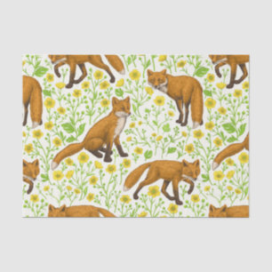 Foxes and buttercups on natural white tissue paper