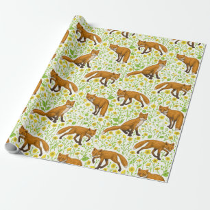 Foxes and buttercups on natural white wrapping paper