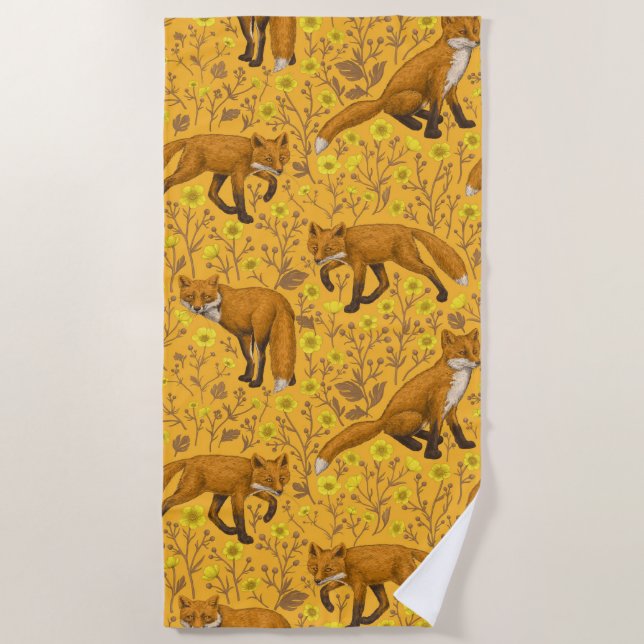 Foxes and buttercups on orange beach towel (Front)