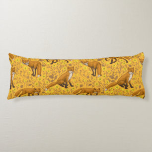 Foxes and buttercups on orange body cushion