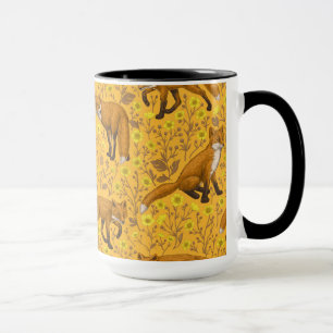 Foxes and buttercups on orange mug