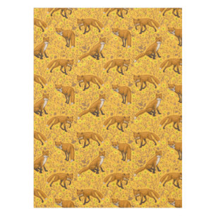 Foxes and buttercups on orange tablecloth