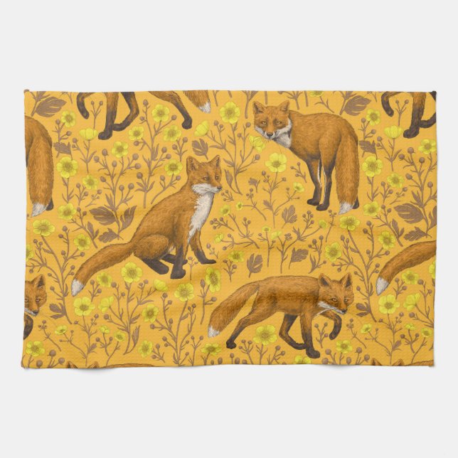 Foxes and buttercups on orange tea towel (Horizontal)
