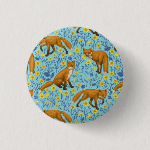 Foxes and buttercups on pool blue 3 cm round badge