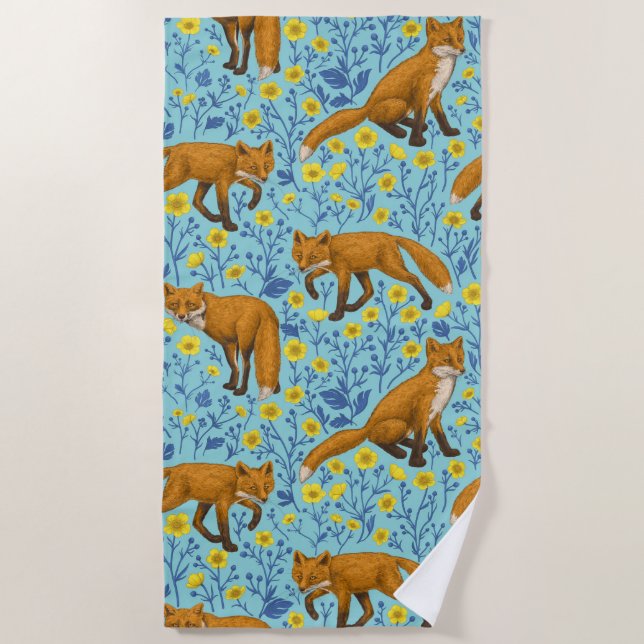 Foxes and buttercups on pool blue beach towel (Front)