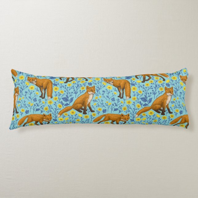 Foxes and buttercups on pool blue body cushion (Front)