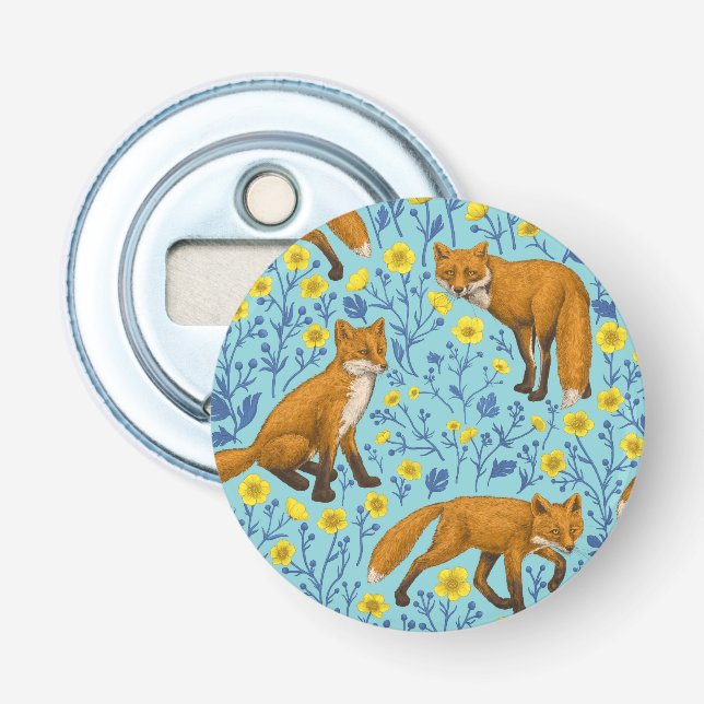Foxes and buttercups on pool blue bottle opener (Front)