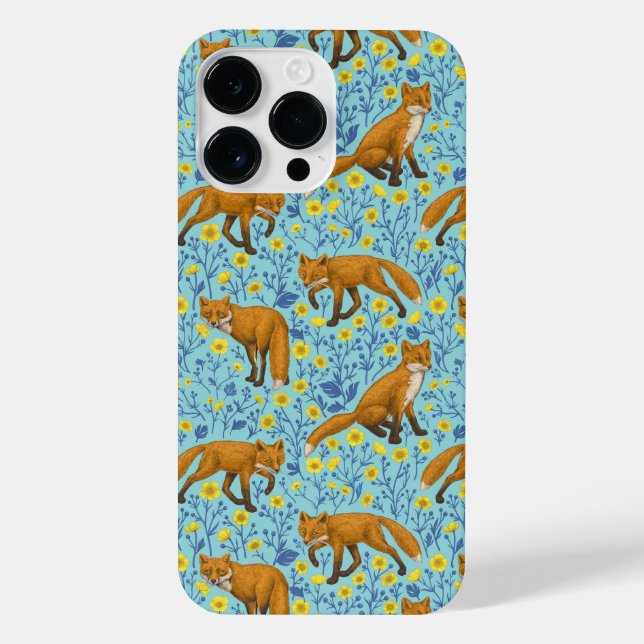 Foxes and buttercups on pool blue iPhone case (Back)