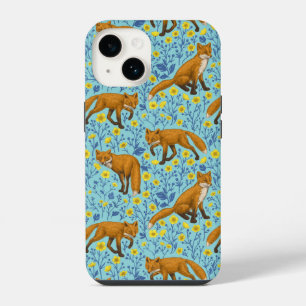 Foxes and buttercups on pool blue iPhone 14 case