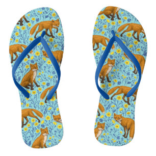 Foxes and buttercups on pool blue jandals