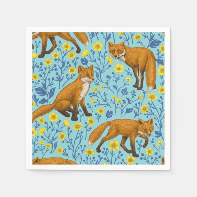 Foxes and buttercups on pool blue napkin (Front)