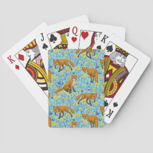 Foxes and buttercups on pool blue playing cards