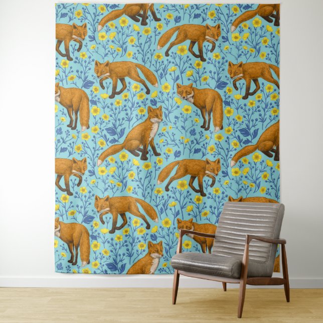 Foxes and buttercups on pool blue tapestry (In Situ)