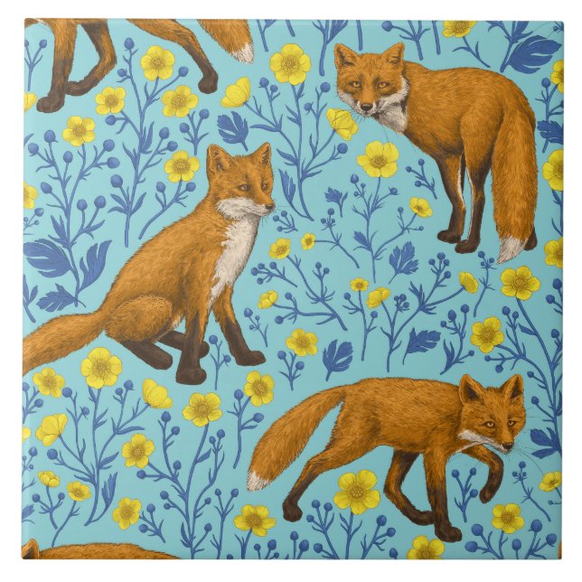 Foxes and buttercups on pool blue tile (Front)