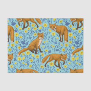 Foxes and buttercups on pool blue tissue paper