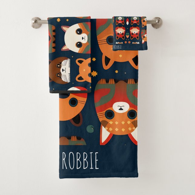 Foxes and cats in the forest Retro Pattern Bath Towel Set (Insitu)