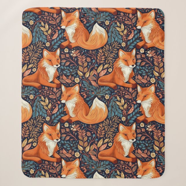 Foxes and Leafs Pattern Sherpa Blanket (Front)