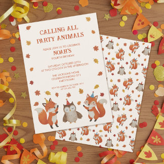 Foxes and Owl Woodland Fall Kids Birthday Party Invitation