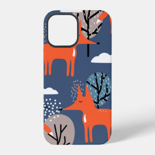 Foxes and trees, hand drawn backdrop. Colourful se iPhone 12 Case