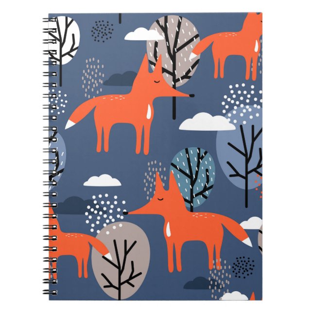 Foxes and trees, hand drawn backdrop. Colourful se Notebook (Front)