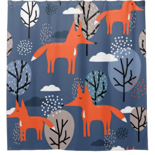 Foxes and trees, hand drawn backdrop. Colourful se Shower Curtain