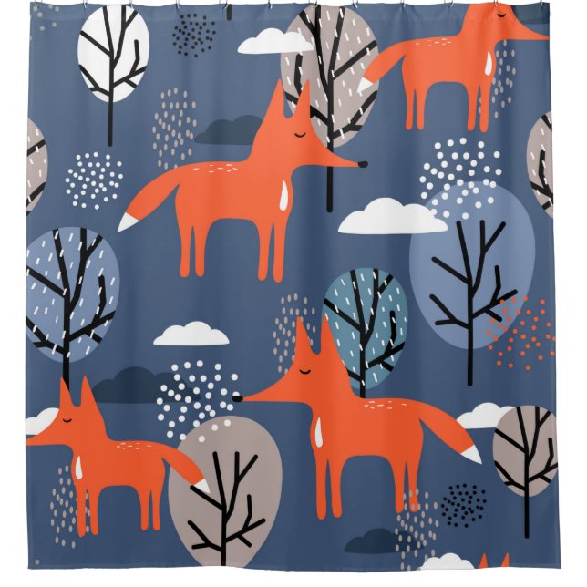 Foxes and trees, hand drawn backdrop. Colourful se Shower Curtain (Front)