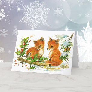 Foxes & Chickadee Christmas Woodland Friends  Holiday Card