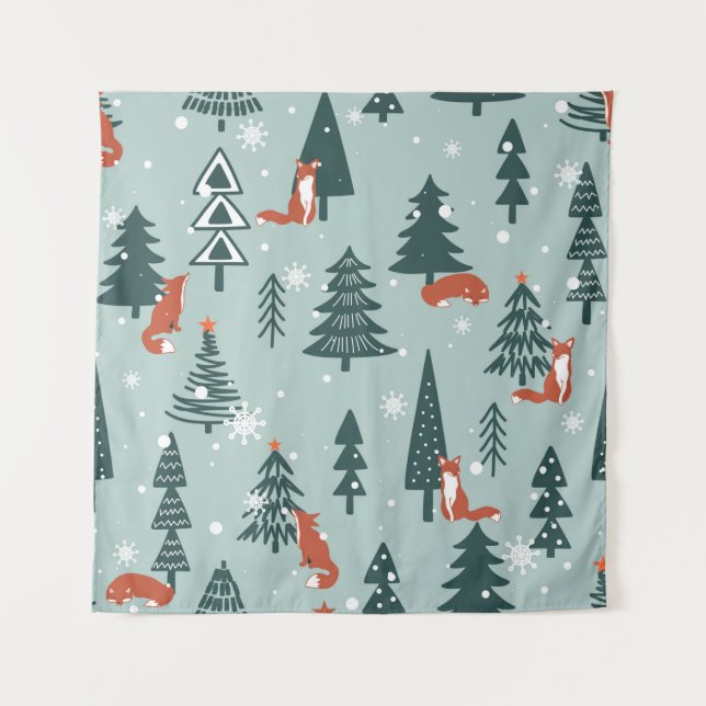 Foxes, fir-trees, snow, hand drawn. Colorful seaml Tapestry (Front)