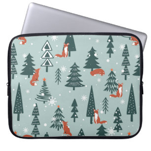 Foxes, fir-trees, snow, hand drawn. Colourful seam Laptop Sleeve