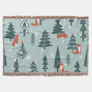 Foxes, fir-trees, winter, colorful pattern throw blanket